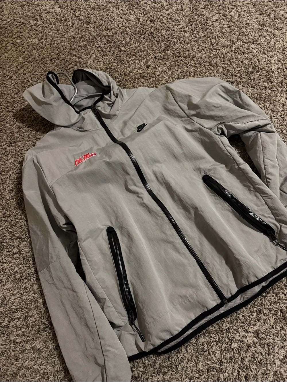 Nike Light Gray Hooded Windbreaker with Black Trim and Red Script